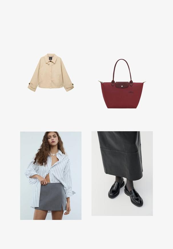 Beige verkürzte Jacke mit rundem Kragen, zwei Fronttaschen und geknöpften Manschetten. Hergestellt aus einem glatten, leichten Stoff.; Schwarzes langärmeliges Turtleneck-Oberteil aus geripptem Stoff, mit einer taillierten Passform, hohem Kragen und ohne Muster oder Akzente.; Junge Frau mit langen, lockigen Haaren, die ein weißes, gestreiftes Oversized-Hemd, einen grauen Minirock mit Schlitz vorne und eine sternförmige Halskette trägt.; Schwarze Lederloafers mit glatter Oberfläche, verziert mit einem dekorativen Riemen, runder Zehenpartie und texturierten Sohlen. Getragen mit einem langen schwarzen Lederrock.; Burgunderfarbige Tragetasche aus Nylon mit Lederakzenten, einem Druckverschluss und zwei robusten Trageriemen. Mit Logoschriftzug auf der Vorderseite.