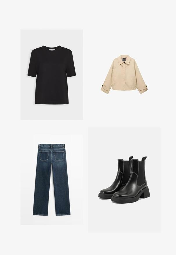 Beige cropped jakke med rund krave, to forlommer og knappede manchetter. Fremstillet af et glat, letvægtsstof.; Sort bomulds t-shirt med rund hals, korte ærmer og lige kant. Simpelt design uden synlige mønstre eller detaljer.; Mørkeblå denimjeans i lige snit med to baglommer og synlig syning langs sømme og kanter.; Sorte læder Chelsea-støvler med en kraftig hæl, elastiske sidepaneler og kontrastfarvet hvid syning. Tekstureret overflade.