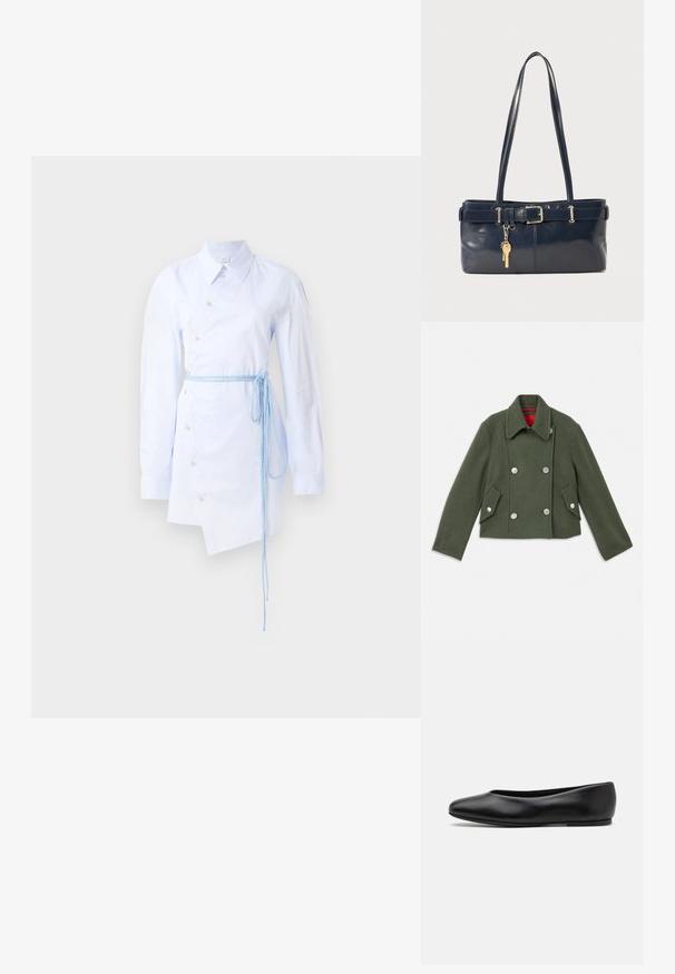 Valkoinen kaksinkertainen takki tummanvihreästä villasekoitteesta, jossa on hopeiset pyöreät napit, lovellinen kaulus ja kaksi vinosti leikattua etutaskua. Punainen vuorikangas.; Raidallinen vaaleansinine paita-mekko, jossa on nappilista, terävä kaulus, pitkät hihat ja sidottu sininen vyö vyötäröllä. Epäsymmetrinen helma.; Paul Smith TOPANGA - Ballerinat - black; La handbagin sininen nahka, jossa on kaksi pitkää kahvaa, Buckle-yksityiskohta ja avaimenperä kiinnitettynä. Sen pinta on sileä ja muoto on suorakulmainen.