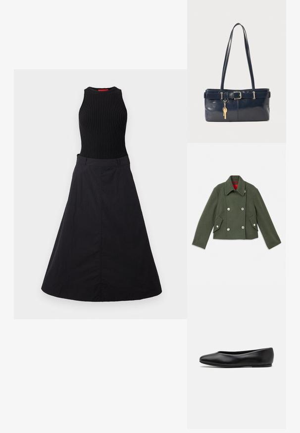 Double-breasted jacket in dark green wool blend with silver round buttons, notched collar, and two angled front pockets. Red lining detail.; Black dress featuring a ribbed sleeveless bodice and a flowing skirt. The fabric has a smooth texture with a subtle sheen.; Paul Smith TOPANGA - Ballet pumps - black; Navy leather handbag with two long handles, a buckle detail, and a keychain attached. Features a smooth texture and a rectangular shape.