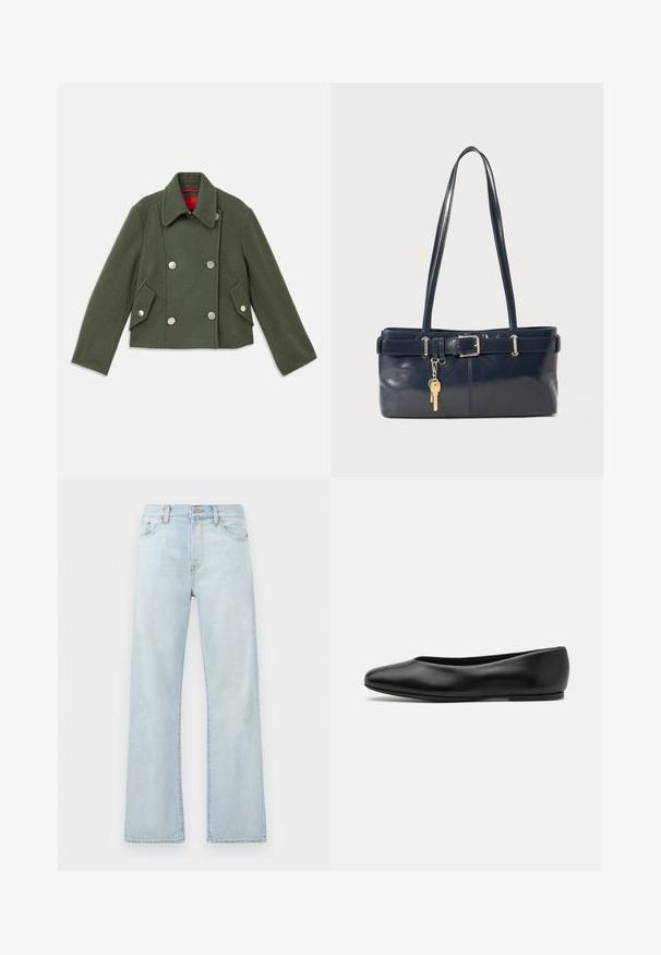 Blazer duplo em mistura de lã verde escuro com botões redondos prateados, colarinho de pico e dois bolsos frontais angulados. Detalhe em forro vermelho.; Sweater sem mangas de cor cinza claro, com decote e barra canelados. Apresenta três aplicações florais texturizadas na parte da frente. Etiqueta da marca: MAX&Co.; Jeans de ganga azul claro com cintura alta, design de perna larga e desvanecimento subtil. Apresenta um estilo clássico de cinco bolsos e detalhes de costura tonal.; Paul Smith TOPANGA - Sabrinas - black; Bolsa de couro azul-marinho com duas alças longas, um detalhe de fivela e um porta-chaves anexado. Apresenta uma textura suave e uma forma retangular.