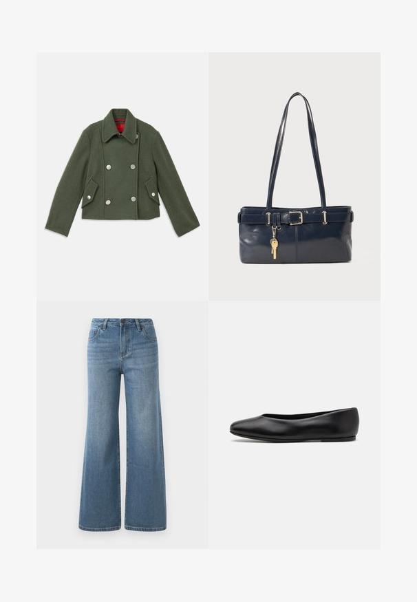 Blazer duplo em mistura de lã verde escuro com botões redondos prateados, colarinho de pico e dois bolsos frontais angulados. Detalhe em forro vermelho.; Camisa de botões às riscas com uma base branca, apresentando linhas finas e multicoloridas em azul, laranja e verde. Mangas longas e colarinho clássico.; Jeans de denim azul claro, de perna larga, com uma cintura alta, fecho de botão e zíper, e bolsos frontais.; Paul Smith TOPANGA - Sabrinas - black; Bolsa de couro azul-marinho com duas alças longas, um detalhe de fivela e um porta-chaves anexado. Apresenta uma textura suave e uma forma retangular.