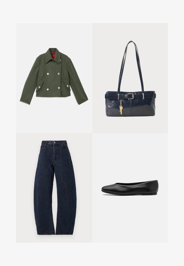 Dvojitě zapínaný kabát z tmavě zelené vlněné směsi se stříbrnými kulatými knoflíky, klopovým límcem a dvěma šikmými předními kapsami. Červený podšívkový detail.; Páskovaná košile s bílým podkladem, zdobená úzkými vícebarevnými pruhy v modré, oranžové a zelené barvě. Dlouhé rukávy a klasický límec.; Džínsy s vysokým pasem a širokými nohavicemi v tmavě modrém denimu. Mají zapínání na knoflík, pět kapes a jemnou texturu. Žádné viditelné vzory nebo akcenty.; Paul Smith TOPANGA - Klasické baleríny - black; Námořnická kožená kabelka s dvěma dlouhými uchy, detaily s přezkou a připevněným klíčenkou. Vyznačuje se hladkým povrchem a obdélníkovým tvarem.