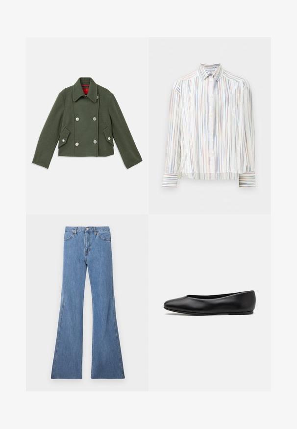 Double-breasted jacket in dark green wool blend with silver round buttons, notched collar, and two angled front pockets. Red lining detail.; Striped button-up shirt with a white base, featuring narrow multi-colored lines in blue, orange, and green. Long sleeves and a classic collar.; Light blue denim flared jeans with a high waist, featuring classic five-pocket design and contrast stitching along the seams.; Paul Smith TOPANGA - Ballet pumps - black