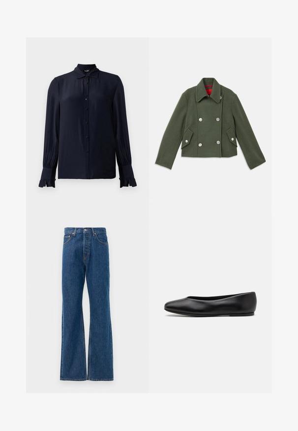 Dobbeltbrystet jakke i mørkegrønt uldmix med sølvrunde knapper, slagkrave og to skrå forlommer. Rød foring som detalje.; Marineblå bluse lavet af glat stof, med spidse krave, knappet front og flæser på manchetten. Lange ærmer med let samling.; Blå denim flared jeans med høj talje, der har fem lommer, en sølvfarvet knaplukning og synlige stikninger.; Paul Smith TOPANGA - Ballerinasko - black