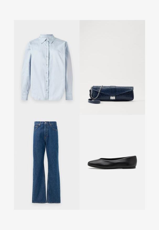 Chaqueta cruzada de mezcla de lana verde oscuro con botones redondos plateados, solapa con muesca y dos bolsillos frontales en ángulo. Detalle de forro rojo.; Camisa de botón de manga larga color azul claro, hecha de una tela suave. Presenta un cuello clásico, botones en la parte frontal y un dobladillo redondeado.; Vaqueros acampanados de mezclilla azul con alta cintura, que cuentan con cinco bolsillos, un cierre de botón plateado y costuras visibles.; Paul Smith TOPANGA - Bailarinas - black; Clutch de piel azul marino con textura de cocodrilo, correa de cadena plateada y cierre metálico. Forma rectangular con diseño plegable.