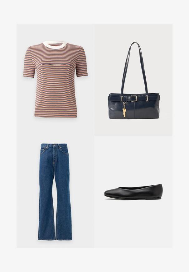 Doppelt gefütterte Jacke aus dunkelgrünem Wollmix mit silbernen runden Knöpfen, Reverskragen und zwei schrägen Fronttaschen. Rote Innenfutterdetails.; Gestreiftes, kurzärmliges T-Shirt in Orange, Blau und Weiß. Verfügt über eine gerippte Textur und einen runden, weißen Ausschnitt.; Blaue, ausgestellte Jeans aus Denim mit hoher Taille, fünf Taschen, silbernem Knopfverschluss und sichtbaren Nähten.; Paul Smith TOPANGA - Klassischer Ballerina - black; Marineblaue Lederhandtasche mit zwei langen Griffen, einer Schnallen-Detailierung und einem daran befestigten Schlüsselanhänger. Besitzt eine glatte Textur und eine rechteckige Form.