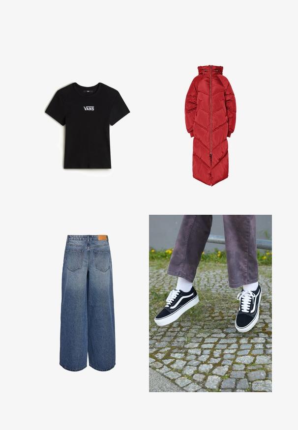 Lange rode pufferjas met capuchon, voorzien van een ritssluiting aan de voorkant, chevronstiksels en elastische manchetten. Gemaakt van een glanzend, geïsoleerd materiaal.; Grijze gebreide trui met een ronde halslijn, verlaagde schouders en geribbelde manchetten en zoom. Glad textuur met een effen kleur en minimale details.; Vans CAMERON - T-shirt basic - black; Brede denim culottes in een middelblauwe wassing met een vervaagde textuur, voorzien van twee achterzakken en een bruine leren merklabel op de tailleband.; Zwarte suède sneakers met witte accenten, met een ronde neus, dikke witte zool en klassieke vetersluiting, gedragen met witte sokken en paarse broek.