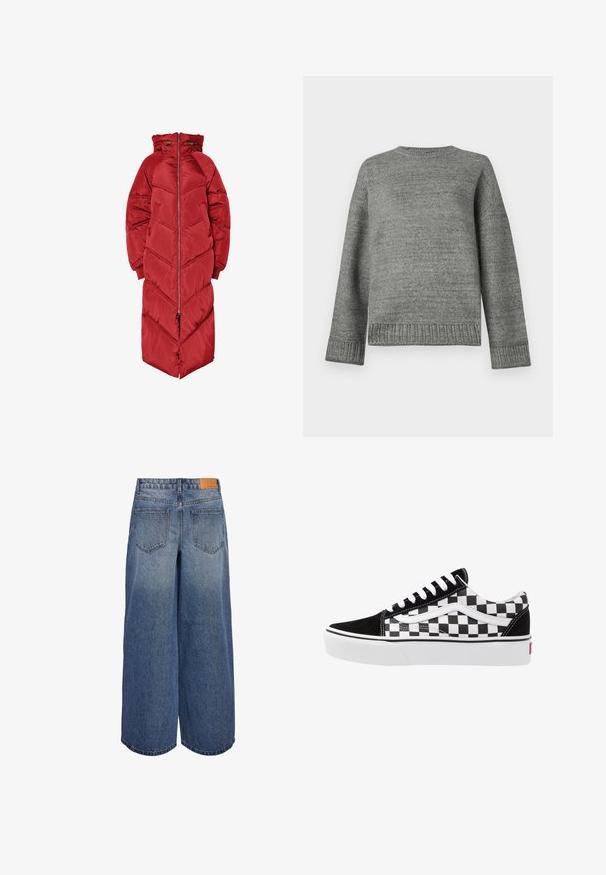 Longue doudoune rouge avec capuche, dotée d'une fermeture éclair frontale, d'un matelassage en chevrons et de poignets élastiques. Fabriquée en matériau brillant et isolant.; Pull en tricot gris à encolure ronde, épaules tombantes, et poignets et ourlet côtelés. Texture lisse avec une couleur unie et un minimum de détails.; Culottes en denim à jambes larges dans un lavage bleu moyen avec une texture délavée, comportant deux poches arrière et une étiquette de marque en cuir marron sur la taille.; Baskets en toile noir et blanc à motif damier avec des accents en daim noir, des lacets blancs et une semelle en caoutchouc. Le logo sur le côté présente un design contrasté.