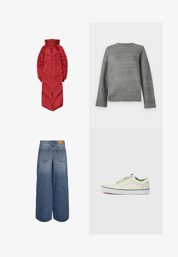 Hosszú piros téli dzseki kapucnival, elülső cipzárral, halszálkamintás steppeléssel és rugalmas mandzsettákkal. Csillogó, szigetelt anyagból készült.; Szürke kötött pulóver kerek nyakkivágással, ejtett vállakkal, valamint bordázott mandzsettákkal és aljjal. Simább textúrájú, egyszínű és minimális részletezéssel.; Széles lábú denim culotte nadrág közepes kék mosással és kopott textúrával, két hátsó zsebbel és barna bőr márkás címkével a derékon.; Beige vászonnal készült, alacsony szárú sneaker zöld akcentusokkal, fehér gumi talppal és mintás fűzősávval. Oldalsó csíkozás jellemzi.