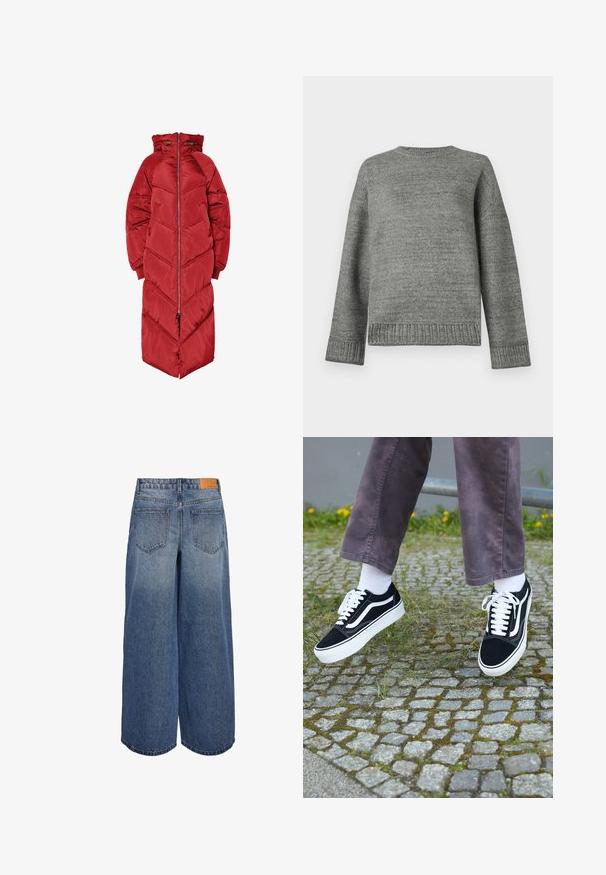 Dug pogodna crvena jakna s kapuljačom, prednjim patentnim zatvaračem, prošivom u obliku cik-cak uzorka i elastičnim manšetama. Izrađena od sjajnog, izoliranog materijala.; Sivi pleteni džemper s okruglim izrezom, spuštenim ramenima i rebrastim manžetama i rubom. Glatka tekstura s jednobojnom bojom i minimalnim detaljima.; Široke traper culotte hlače u srednje plavoj boji s izblijedjelom teksturom, s dvije stražnje vrećice i smeškim kožnim oznakom branda na pojasu.; Crne suedne teniske s bijelim detaljima, s okruglim vrhom, debljim bijelim potplatom i klasičnim dizajnom vezivanja, nosi se s bijelim čarapama i ljubičastim hlačama.