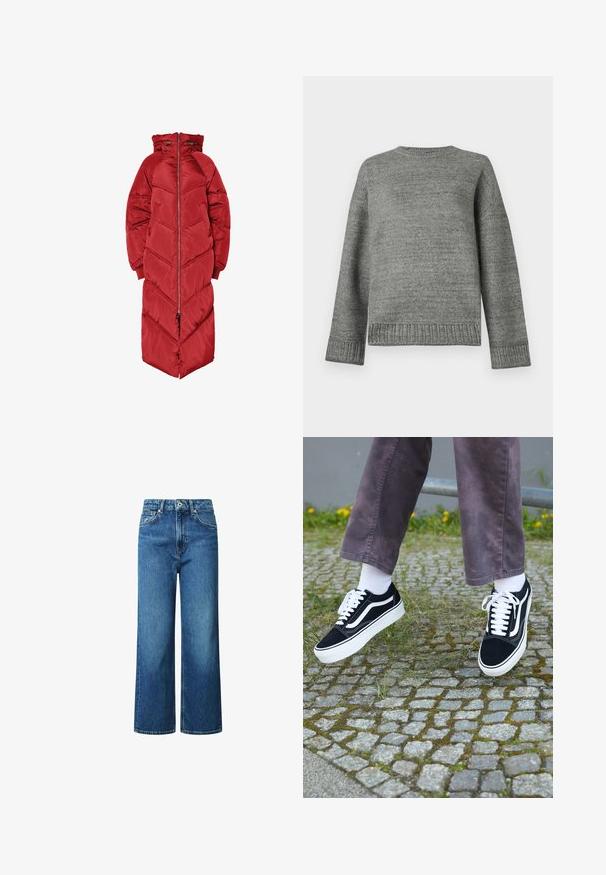 Pikk punane paks jakk kapuutsiga, esitasku lukuga, chevron mustriga õmblusega ja elastsete varrukaotstega. Valmistatud läikivast, isoleeritud materjalist.; Hall halli kootud sviiter ümarate kaelustega, madalate õlgadega ja ribakujuliste varrukate ning alumise äärega. Sujuv tekstuur, millel on ühtlane värvus ja minimaalne detailide rohkus.; Laiad joped sinisest denimist, esiküljel nupuga kinnitusega ja tikitud detailidega, kõrge vöökoht. Ilma mustrite ja kaunistusteta.; Mustad nubukist spordijalatsid valgete detailidega, millel on ümar nina, paks valge tald ja klassikaline sidumise disain, kantud valgete sokkide ja lilla pükste juurde.