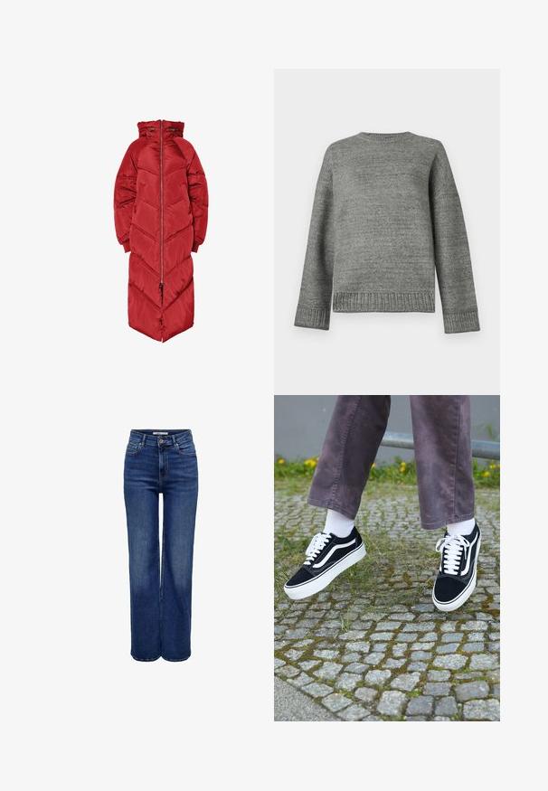 Lungo piumino rosso con cappuccio, dotato di una cerniera frontale, imbottitura a cuciture a spina di pesce e polsini elastici. Realizzato in materiale lucido e isolante.; Maglione grigio lavorato a maglia con scollatura rotonda, spalle scese e polsini e orlo a costine. Tessuto liscio con un colore uniforme e minimi dettagli.; Jeans a gamba larga a vita alta in denim blu scuro, con chiusura a bottone, cinque tasche e dettagli di cuciture a contrasto.; Sneaker in suede nero con dettagli bianchi, caratterizzati da una punta arrotondata, suola spessa bianca e design classico con lacci, indossati con calze bianche e pantaloni viola.