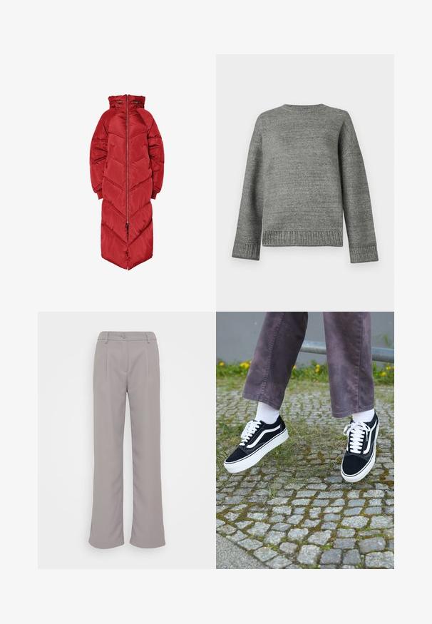 Casaco comprido vermelho acolchoado com capuz, apresentado com fecho éclair frontal, quilting em padrão chevron e punhos elásticos. Feito de um material brilhante e isolante.; Suéter cinza de malha com decote redondo, ombros caídos e punhos e bainha canelados. Textura suave com cor sólida e detalhes mínimos.; Calças cinzentas de perna larga com uma textura suave. Apresenta pregas frontais, fecho com botão e bolsos laterais. Design clássico para uso versátil.; Sapatilhas de camurça pretas com detalhes brancos, apresentando um bico arredondado, sola branca grossa e um design clássico de atacadores, usadas com meias brancas e calças roxas.