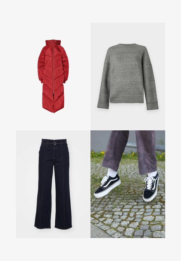 Dolga rdeča puhovka s kapuco, sprednja zadrga, šivi v obliki črke V in elastični manšeti. Iz svetlečega, izoliranega materiala.; Sivi pleteni pulover z okroglim izrezom, spušenimi rameni ter rebrastimi manšetami in robom. Gladka tekstura v enotni barvi z minimalnimi detajli.; Temno modri široki hlače z visokim pasom, zankami za pas, vidnim pasom in kontrastnim šivanjem vzdolž sprednjih šivov.; Črne semiš teniske z belimi akcenti, s krožno prstom, debelim belim podplatom in klasičnim vezanjem, nošene z belimi nogavicami in vijoličnimi hlačami.