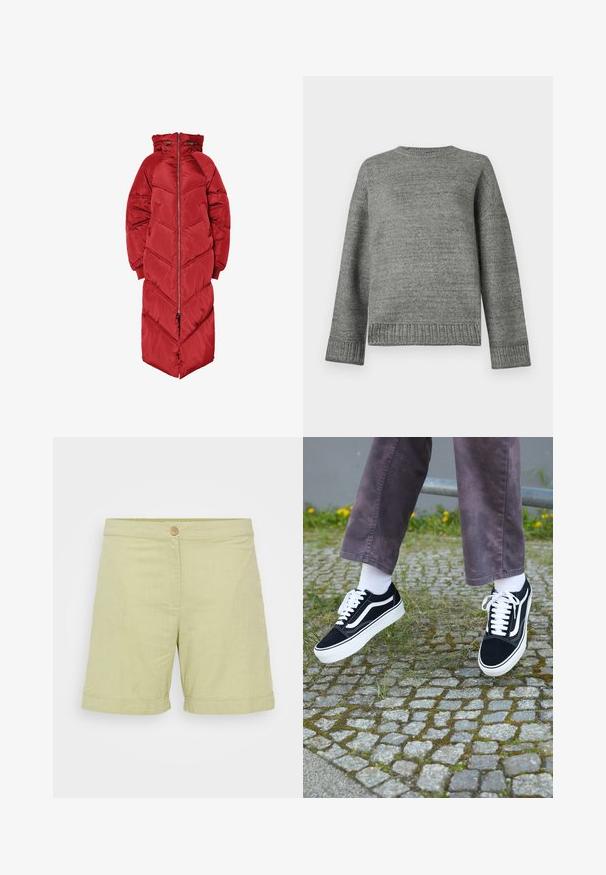 Hosszú piros téli dzseki kapucnival, elülső cipzárral, halszálkamintás steppeléssel és rugalmas mandzsettákkal. Csillogó, szigetelt anyagból készült.; Szürke kötött pulóver kerek nyakkivágással, ejtett vállakkal, valamint bordázott mandzsettákkal és aljjal. Simább textúrájú, egyszínű és minimális részletezéssel.; Világoszöld lennadrág, gombos zárással, sima textúrával, felgöngyölt szegéylemmel és egyszerű, egyenes vonalvezetésű kialakítással.; Fekete velúr sportcipő, fehér díszítéssel, lekerekített orral, vastag fehér talppal és klasszikus, fűzős kialakítással, fehér zoknival és lila nadrággal viselve.