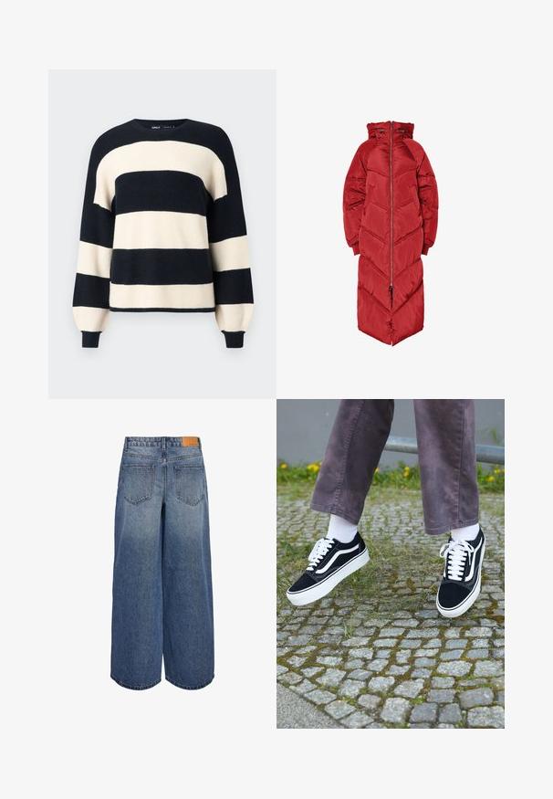 Lange rode pufferjas met capuchon, voorzien van een ritssluiting aan de voorkant, chevronstiksels en elastische manchetten. Gemaakt van een glanzend, geïsoleerd materiaal.; Gestreepte trui met brede marineblauwe en crème horizontale strepen. Ribgebreide halslijn en manchetten met een ontspannen pasvorm. Zachte textuur.; Brede denim culottes in een middelblauwe wassing met een vervaagde textuur, voorzien van twee achterzakken en een bruine leren merklabel op de tailleband.; Zwarte suède sneakers met witte accenten, met een ronde neus, dikke witte zool en klassieke vetersluiting, gedragen met witte sokken en paarse broek.