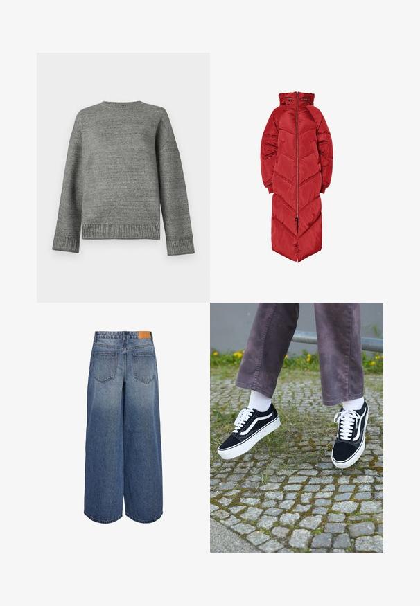 Hosszú piros téli dzseki kapucnival, elülső cipzárral, halszálkamintás steppeléssel és rugalmas mandzsettákkal. Csillogó, szigetelt anyagból készült.; Szürke kötött pulóver kerek nyakkivágással, ejtett vállakkal, valamint bordázott mandzsettákkal és aljjal. Simább textúrájú, egyszínű és minimális részletezéssel.; Széles lábú denim culotte nadrág közepes kék mosással és kopott textúrával, két hátsó zsebbel és barna bőr márkás címkével a derékon.; Fekete velúr sportcipő, fehér díszítéssel, lekerekített orral, vastag fehér talppal és klasszikus, fűzős kialakítással, fehér zoknival és lila nadrággal viselve.