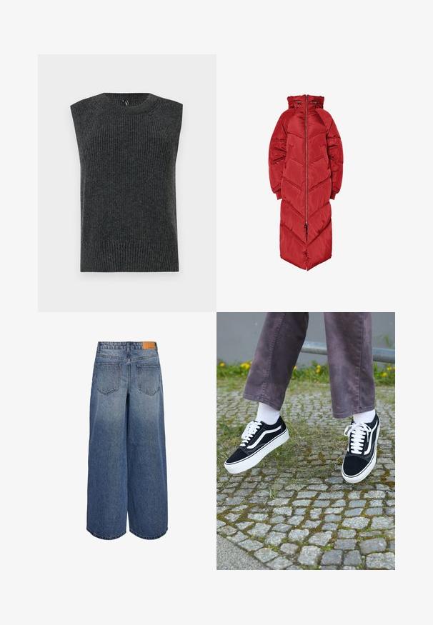 Long red puffer coat with a hood, featuring a front zipper, chevron quilting, and elastic cuffs. Made from a shiny, insulated material.; Dark gray sleeveless sweater with ribbed texture, rounded neckline, and banded bottom hem. Simple design without additional patterns or details.; Wide-leg denim culottes in medium blue wash with a faded texture, featuring two back pockets and a brown leather brand tag on the waistband.; Black suede sneakers with white accents, featuring a rounded toe, thick white sole, and classic lace-up design, worn with white socks and purple pants.