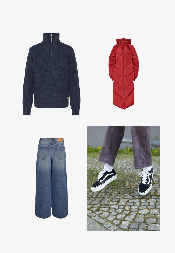 Abrigo acolchado largo rojo con capucha, con cremallera frontal, acolchado en forma de chevron y puños elásticos. Hecho de un material brillante e isolante.; Suéter de punto texturizado azul marino con mangas largas y un alto cuello acanalado que presenta un cierre parcial con una pestaña de cuero.; Pantalones culotte de denim de pierna ancha en un lavado azul medio con una textura desgastada, que presentan dos bolsillos traseros y una etiqueta de marca de cuero marrón en la cintura.; Zapatillas de ante negro con detalles en blanco, que presentan una punta redondeada, suela gruesa blanca y un diseño clásico de cordones, usadas con calcetines blancos y pantalones morados.