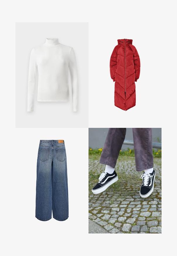 Garš sarkans pūkains mētelis ar kapuci, priekšējā rāvējslēdzēja aizdare, četrstūra raksts izšūts ar šaurām līnijām un elastīgiem aproču galiem. Izgatavots no spīdīga, izolēta materiāla.; Balti t-krekls ar augstu apkakli un garām piedurknēm, izgatavots no ribota auduma, ar šauru piegriezumu un minimālistisku dizainu. Bez redzamām rakstām vai akcentiem.; Platas kāju džinsa kulotes vidēji zilā tonī ar izbalējušu tekstūru, ar divām aizmugurējām kabatām un brūnu ādas zīmola birku uz jostas.; Melni zamšādas sporta apavi ar baltiem akcentiem, ar apaļu purngalu, biezu baltu zoli un klasisku šņorēšanas dizainu, uzvilkti ar baltām zeķēm un violetām biksēm.