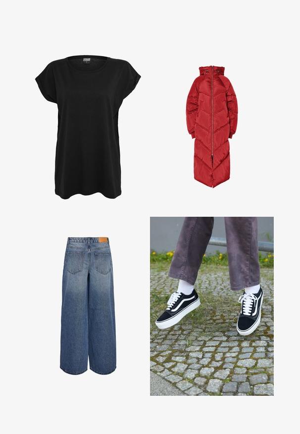 Lång röd vadderad jacka med huva, utrustad med en frontdragkedja, chevronsömmar och elastiska muddar. Tillverkad av ett glänsande, isolerat material.; Svart bomullströja med korta ärmar, rund halsringning och avslappnad passform. Har en etikett vid kragen. Slät struktur och enkel design.; Breda denimculotter i medelblå tvätt med en urtvättad textur, med två bakfickor och en brun läderetikett med varumärket på midjan.; Svarta mockaskor med vita detaljer, med rund tå, tjock vit sula och klassisk snördesign, som bärs med vita strumpor och lila byxor.