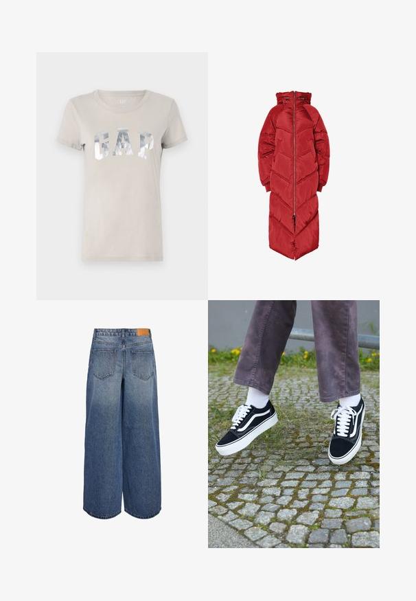 Casaco comprido vermelho acolchoado com capuz, apresentado com fecho éclair frontal, quilting em padrão chevron e punhos elásticos. Feito de um material brilhante e isolante.; T-shirt de algodão cinza claro com um logotipo prateado reflexivo "GAP". Design clássico de gola redonda com mangas curtas e uma textura suave.; Calças culottes de denim de perna larga em lavagem azul média com uma textura desbotada, apresentando dois bolsos traseiros e uma etiqueta de marca em couro castanho na cintura.; Sapatilhas de camurça pretas com detalhes brancos, apresentando um bico arredondado, sola branca grossa e um design clássico de atacadores, usadas com meias brancas e calças roxas.