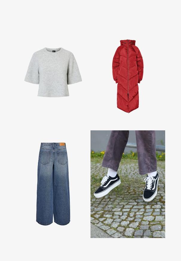 Casaco comprido vermelho acolchoado com capuz, apresentado com fecho éclair frontal, quilting em padrão chevron e punhos elásticos. Feito de um material brilhante e isolante.; Suéter cinza de manga curta feito de tecido de malha texturizado, com decote redondo e design cropped. Sem padrões ou detalhes visíveis.; Calças culottes de denim de perna larga em lavagem azul média com uma textura desbotada, apresentando dois bolsos traseiros e uma etiqueta de marca em couro castanho na cintura.; Sapatilhas de camurça pretas com detalhes brancos, apresentando um bico arredondado, sola branca grossa e um design clássico de atacadores, usadas com meias brancas e calças roxas.