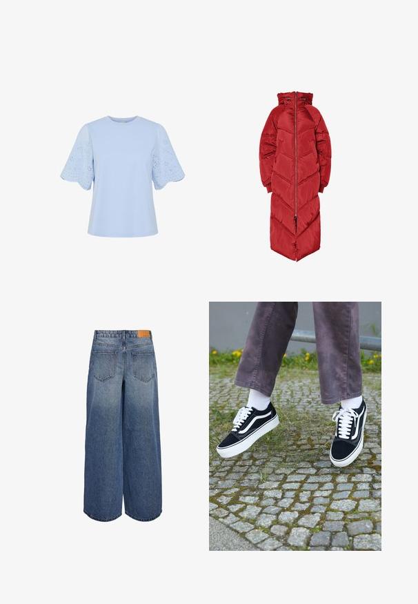 Lang rød dunjakke med hætte, der har en lynlås foran, chevron-quilting og elastiske manchetter. Fremstillet af et skinnende, isoleret materiale.; Lyseblå t-shirt med korte, bølgende øjeletærmer. Fremstillet af blødt materiale, har den en rund halsudskæring og en enkel, afslappet pasform.; Bredde ben denim culottes i mellemblå vask med en falmet tekstur, der har to baglommer og et brunt lædermærke på taljen.; Sorte ruskinds sneakers med hvide accenter, med rund tå, tyk hvid sål og klassisk snørebåndsdesign, båret med hvide sokker og lilla bukser.
