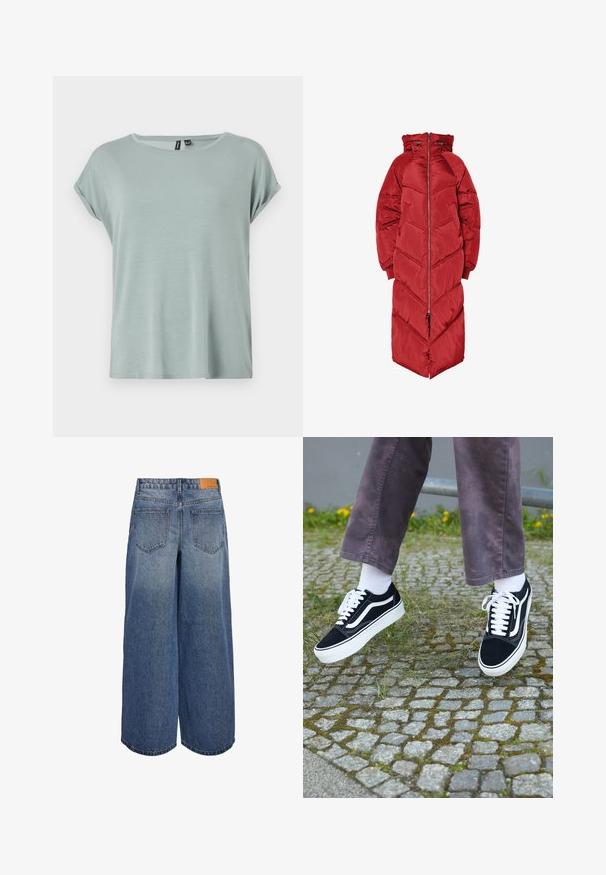 Langer roter Steppmantel mit Kapuze, ausgestattet mit einem Reißverschluss vorne, Chevron-Steppmuster und elastischen Bündchen. Hergestellt aus einem glänzenden, isolierten Material.; Hellgrünes T-Shirt mit lässiger Passform, kurzen aufgerollten Ärmeln und rundem Ausschnitt. Weiche, glatte Textur mit einem etwas lockeren Design.; Weite Denim-Culottes in mittlerem Blauton mit einer ausgewaschenen Textur, ausgestattet mit zwei Gesäßtaschen und einem braunen Leder-Logoschild am Bund.; Schwarze Wildleder-Sneaker mit weißen Akzenten, runder Zehenform, dicker weißer Sohle und klassischem Schnürdesign, getragen mit weißen Socken und lila Hose.