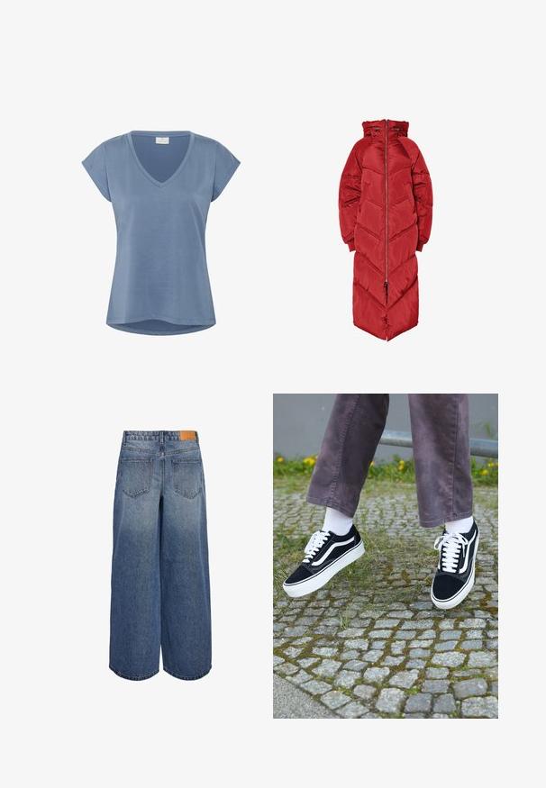 Dug pogodna crvena jakna s kapuljačom, prednjim patentnim zatvaračem, prošivom u obliku cik-cak uzorka i elastičnim manšetama. Izrađena od sjajnog, izoliranog materijala.; Plava V-izrez majica s kratkim rukavima. Izrađena od mekanog materijala, ima slobodan kroj i zakrivljen rub. Glatka tekstura bez uočljivih uzoraka.; Široke traper culotte hlače u srednje plavoj boji s izblijedjelom teksturom, s dvije stražnje vrećice i smeškim kožnim oznakom branda na pojasu.; Crne suedne teniske s bijelim detaljima, s okruglim vrhom, debljim bijelim potplatom i klasičnim dizajnom vezivanja, nosi se s bijelim čarapama i ljubičastim hlačama.