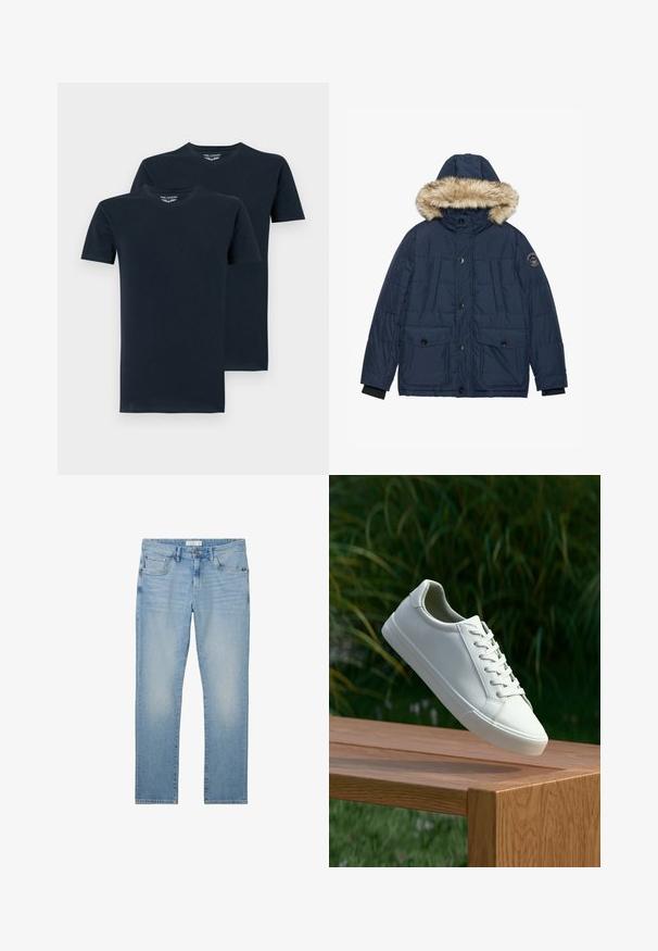 Chaqueta de plumón azul marino con capucha forrada de piel sintética, dos bolsillos delanteros y puños acanalados. Presenta un logo en la manga izquierda.; Dos camisetas de manga corta en azul marino, hechas de algodón suave, con cuello redondo y un diseño simple de color sólido.; Vaqueros de color azul claro, fabricados en denim, con un corte recto, que cuentan con cinco bolsillos, un cierre de botón y un ligero desvanecimiento en toda la prenda.; Zapatilla blanca con cordones flotando sobre un banco de madera con follaje verde al fondo, mostrando el diseño y la textura del zapato.