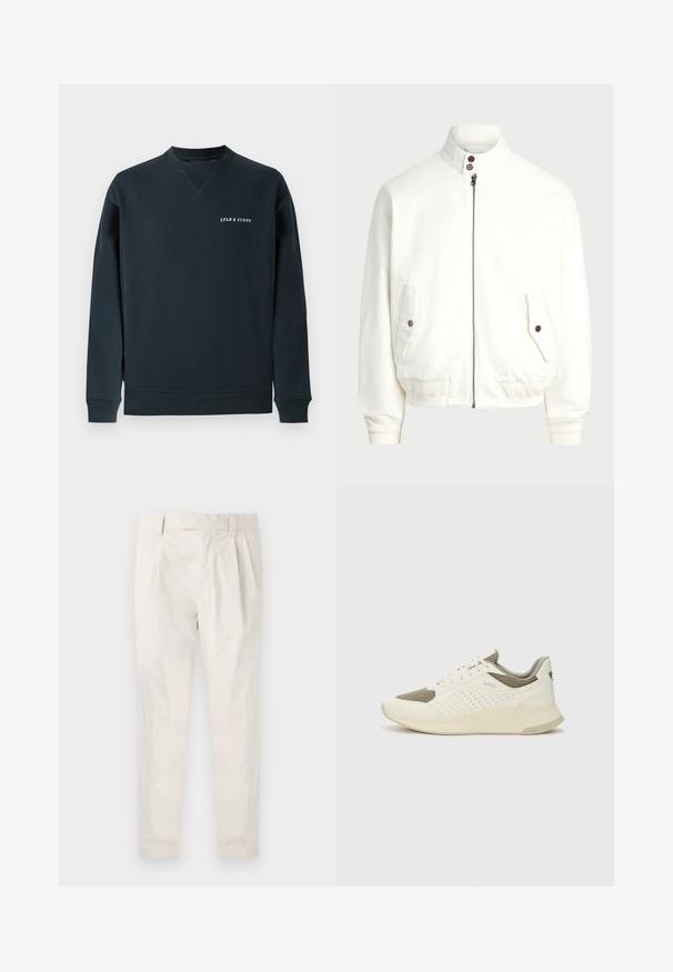 Biela bundová šnurovacia bunda s vysokým golierom, dvoma prednými vreckami so zapínaním na gombíky, rebrovanými manžetami a spodným okrajom a hladkým textúrou látky.; Námornícky modrá bavlnená mikina so zaobleným výstrihom, rebrovanými manžetami a lemom. Na hrudi je biely logo "LYLE & SCOTT". Hladká textúra.; Biele plisované nohavice s prispôsobeným strihom, s hladkou textúrou, pútkami na opasok a zúženými nohavicami. Žiadne viditeľné vrecká ani vzory.; Biele a svetlo béžové športové tenisky s hornou časťou z mriežkového materiálu, perforovanými detailmi a textúrovanou medzipodrážkou s logom na päte.