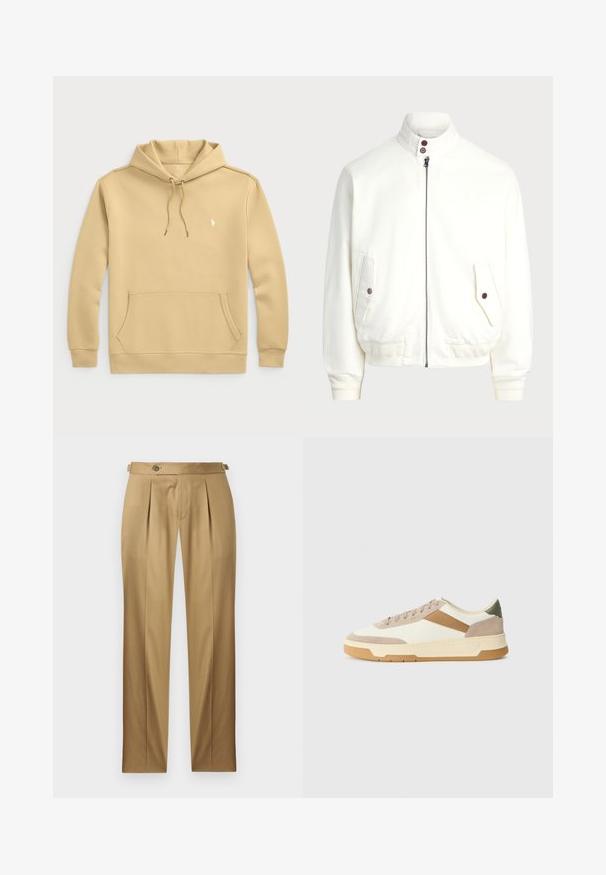 Biała kurtka zapinana na zamek z wysokim kołnierzem, dwoma przednimi kieszeniami z zapięciem na guziki, prążkowanymi mankietami i dołem oraz gładką fakturą materiału.; Kapturowa bluza w jasnym beżu, z tkaniny bawełnianej. Posiada kieszeń kangurkę, regulowane sznurki oraz małe logo na klatce piersiowej.; Beżowe spodnie o prostym kroju, z zakładkami, zapięciem na guzik i szlufkami na pasek. Gładka tkanina o czystym, dopasowanym wyglądzie.; Sneakers w kolorze beżowym, kremowym i oliwkowym, wykonane z zamszu i skóry, z okrągłym noskiem, minimalistycznym designem oraz gumową podeszwą.