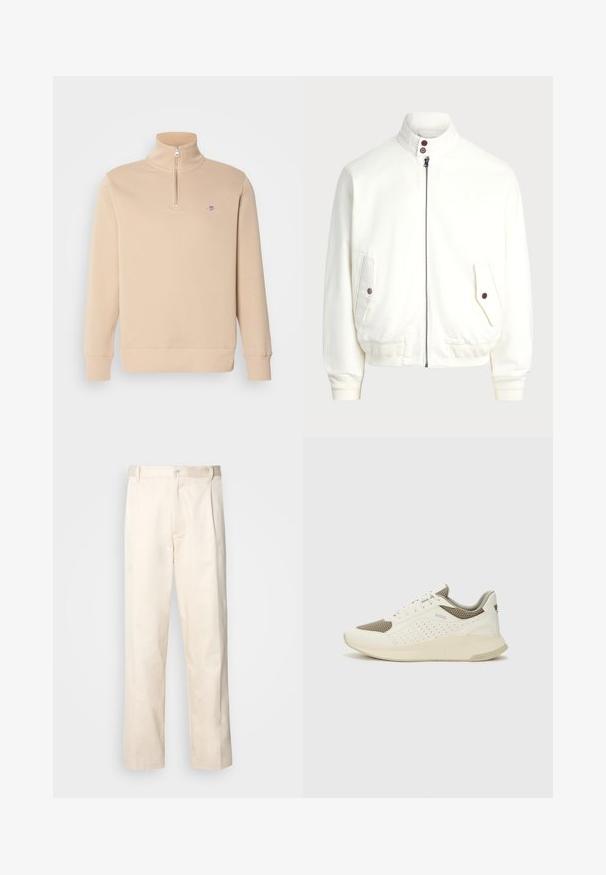 Giacca bianca con zip e colletto alto, due tasche frontali con bottone, polsini e orlo a coste, e tessuto morbido.; GANT REG SHIELD HALF ZIP - Felpa - dry sand; Pantaloni in cotone beige con taglio dritto, dotati di chiusura a bottone e pence sul davanti per un tocco di dettaglio in più.; Sneaker atletica bianca e beige chiaro, con tomaia in mesh, dettagli perforati e una suola intermedia texturizzata con marchio sul tallone.