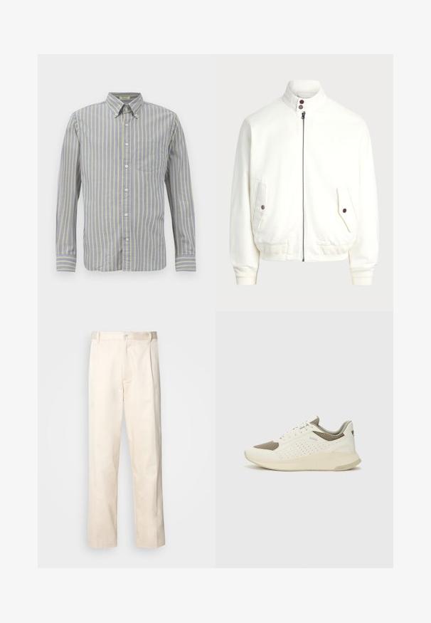 Chaqueta blanca con cremallera y cuello alto, dos bolsillos frontales con cierres de botón, puños y dobladillo acanalados, y una textura de tela suave.; Camisa de botones en tejido azul con finas rayas amarillas, con cuello, mangas largas y bolsillo en el pecho. Terminada con botones blancos.; Pantalones de algodón beige con corte recto, que cuentan con un cierre de botón y pliegues en la parte frontal para un detalle adicional.; Zapatilla deportiva en blanco y beige claro, con parte superior de malla, detalles perforados y una mediasuela texturizada con la marca en el talón.