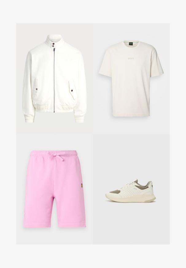 Balta jakas ar rāvējslēdzēju un augstu apkakli, divām priekšējām kabatām ar pogu aizdari, ribotām rokām un apakšmalu, kā arī gludu auduma tekstūru.; BOSS TEE - Pamata T-krekls - open white; Gaiši rozā kokvilnas šorti ar elastīgu jostu un aukliņu, apakšējā kreisajā stūrī ar nelielu izšūtu logotipu.; Baltas un gaiši bež sporta apavi, ar sieta augšdaļu, perforētiem detaļām un teksturētu vidusdaļu ar zīmolu uz papēža.