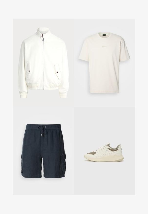 White zip-up jacket with a high collar, two front pockets with button closures, ribbed cuffs and hem, and smooth fabric texture.; BOSS TEE - Basic T-shirt - open white; Men's dark navy cargo shorts, made from lightweight fabric, featuring an elastic waistband with drawstring, and two side pockets.; White and light beige athletic sneaker, featuring a mesh upper, perforated detailing, and a textured midsole with branding on the heel.
