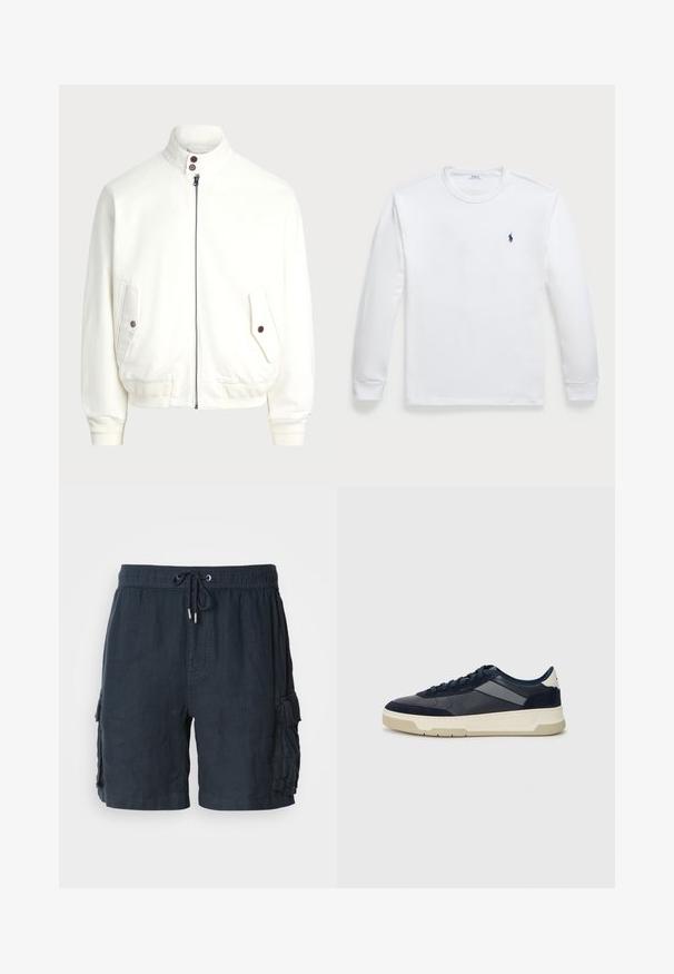 White zip-up jacket with a high collar, two front pockets with button closures, ribbed cuffs and hem, and smooth fabric texture.; Long-sleeve white T-shirt made of cotton, featuring a crew neckline and a small navy logo on the left chest. Smooth texture, simple design.; Men's dark navy cargo shorts, made from lightweight fabric, featuring an elastic waistband with drawstring, and two side pockets.; BOSS BALTIMORE - Trainers - open blue