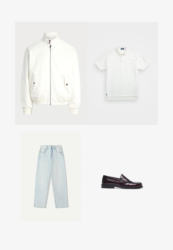 White zip-up jacket with a high collar, two front pockets with button closures, ribbed cuffs and hem, and smooth fabric texture.; White polo shirt made of cotton, featuring a classic collar, three-button placket, and a left chest pocket; small logo at the hem.; Light blue denim jeans with a relaxed fit, straight leg design, five-pocket styling, and subtle fading on the fabric.; Burgundy leather loafers with a stitched toe detail, flat heel, and smooth finish. Features a classic penny slot design on the vamp.