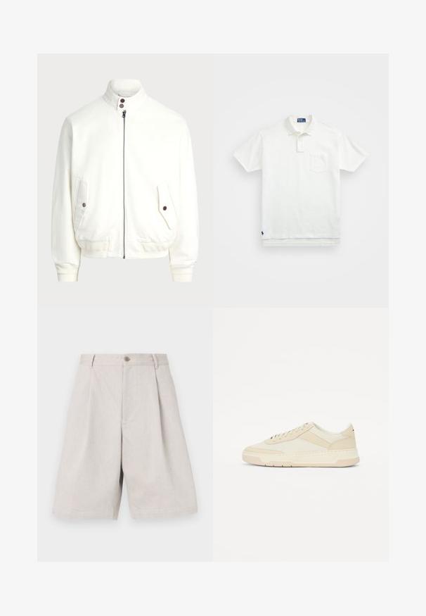 Balta jakas ar rāvējslēdzēju un augstu apkakli, divām priekšējām kabatām ar pogu aizdari, ribotām rokām un apakšmalu, kā arī gludu auduma tekstūru.; Balta polo krekls, izgatavots no kokvilnas, ar klasisku apkakli, trīs pogu aizdari un kreisajā krūtī kabatu; neliels logo apakšmalā.; Gaiši pelēki lina šorti ar plašu kāju dizainu, ar priekšējo pogu aizdari un smalkiem izšuvumiem papildu tekstūras nodrošināšanai.; Bežs sporta apavi, kas izgatavoti no gludas ādas un tekstila; zema profila dizains ar apaļu purngalu un slēdzāmame; teksturēti sānu akcenti.