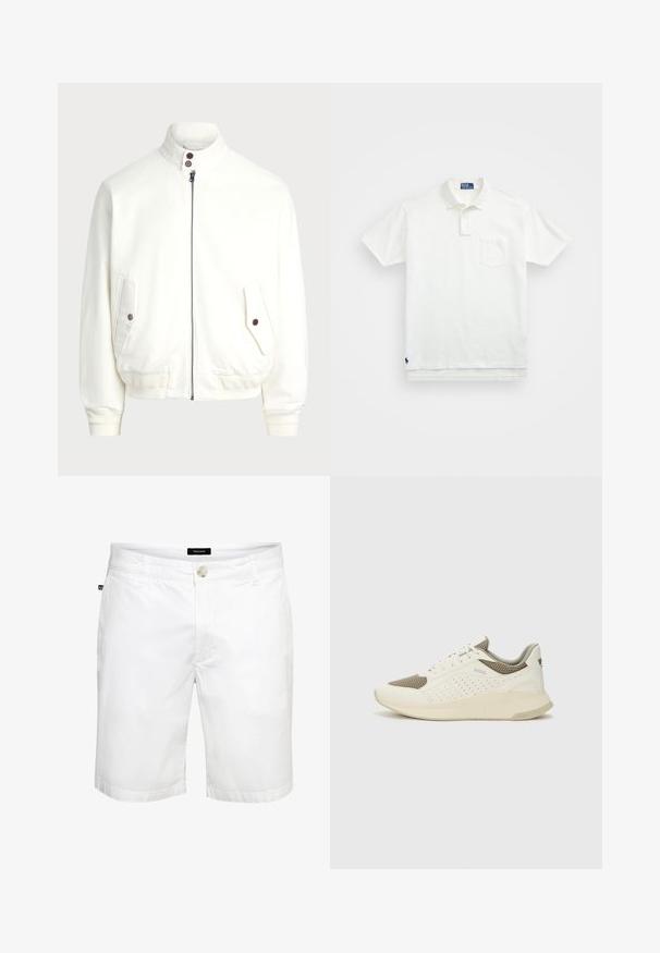 Fehér cipzáras dzseki magas gallérral, két elülső zseb gombos záródással, bordás mandzsetták és alsó rész, valamint sima szövettextúra.; Fehér pólóing, pamutból készült, klasszikus gallérral, háromgombos végigfutóval és bal oldali zsebével; kis logó a szegélyen.; Fehér, egyenes szabású pamut rövidnadrág, elülső gombos záródással és standard zsebekkel, sima textúrával és letisztult dizájnnal.; Fehér és világos bézs sportcipő, légies hálós felsőrésszel, perforált részletekkel és texturált középtalppal, amelyen a saroknál a márka logója található.