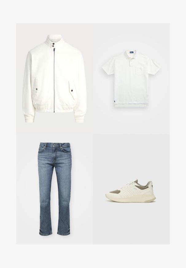 Biela bundová šnurovacia bunda s vysokým golierom, dvoma prednými vreckami so zapínaním na gombíky, rebrovanými manžetami a spodným okrajom a hladkým textúrou látky.; Biela polo tričko vyrobené z bavlny, s klasickým golierom, trojbuttonovou légou a vreckom na ľavej hrudi; malé logo na spodnom leme.; Modré džíny z denimu majú rovný strih, päť vreciek a zapínanie na gombík s kontrastným prešitím na švíkoch.; Biele a svetlo béžové športové tenisky s hornou časťou z mriežkového materiálu, perforovanými detailmi a textúrovanou medzipodrážkou s logom na päte.