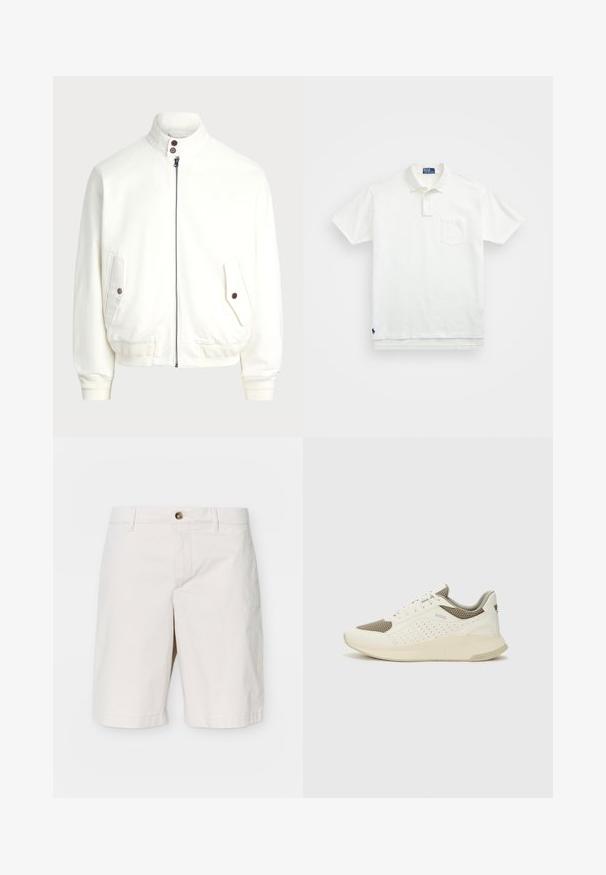 Witte zip-up jas met hoge kraag, twee voorzakken met knoopsluitingen, geribbelde manchetten en zoom, en een gladde stoftextuur.; Witte poloshirt van katoen, met een klassieke kraag, een knoopsluiting met drie knopen en een borstzak aan de linkerkant; klein logo aan de onderrand.; J.LINDEBERG SHANE CLOUD - Shorts - moonbeam; Witte en lichtbeige sport sneaker, met een bovenwerk van mesh, geperforeerde details en een gestructureerde tussenzool met branding op de hiel.