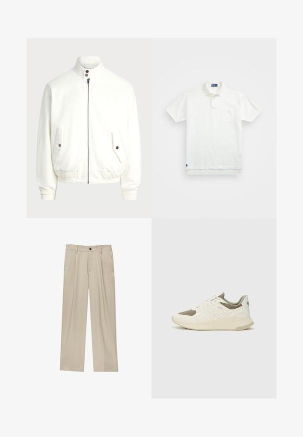 Fehér cipzáras dzseki magas gallérral, két elülső zseb gombos záródással, bordás mandzsetták és alsó rész, valamint sima szövettextúra.; Fehér pólóing, pamutból készült, klasszikus gallérral, háromgombos végigfutóval és bal oldali zsebével; kis logó a szegélyen.; Beige egyenes szárú nadrág, egy fekete gombbal, övhurkokkal és oldalzsebekkel. Sima szövettextúra és minimális design.; Fehér és világos bézs sportcipő, légies hálós felsőrésszel, perforált részletekkel és texturált középtalppal, amelyen a saroknál a márka logója található.
