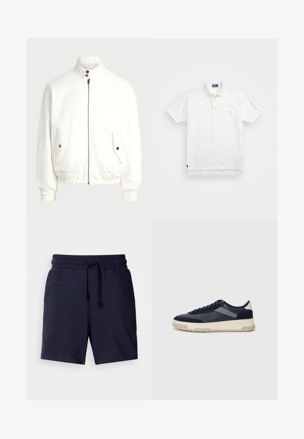 Witte zip-up jas met hoge kraag, twee voorzakken met knoopsluitingen, geribbelde manchetten en zoom, en een gladde stoftextuur.; Witte poloshirt van katoen, met een klassieke kraag, een knoopsluiting met drie knopen en een borstzak aan de linkerkant; klein logo aan de onderrand.; Marineblauwe shorts met een ontspannen pasvorm, elastische tailleband en verstelbaar trekkoord. Lichtgewicht stof met een gladde textuur.; BOSS BALTIMORE - Sneakers laag - open blue