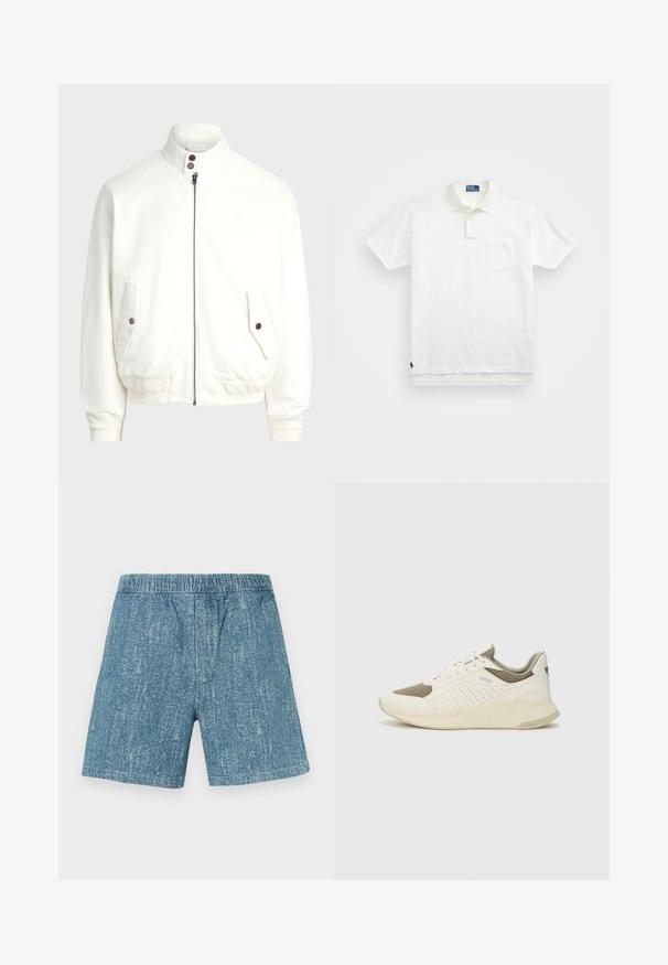 Biela bundová šnurovacia bunda s vysokým golierom, dvoma prednými vreckami so zapínaním na gombíky, rebrovanými manžetami a spodným okrajom a hladkým textúrou látky.; Biela polo tričko vyrobené z bavlny, s klasickým golierom, trojbuttonovou légou a vreckom na ľavej hrudi; malé logo na spodnom leme.; Džínsové šortky s elastickým pásom, vybledlou modrou farbou a textúrou. Rovný strih bez vreciek a ozdôb.; Biele a svetlo béžové športové tenisky s hornou časťou z mriežkového materiálu, perforovanými detailmi a textúrovanou medzipodrážkou s logom na päte.
