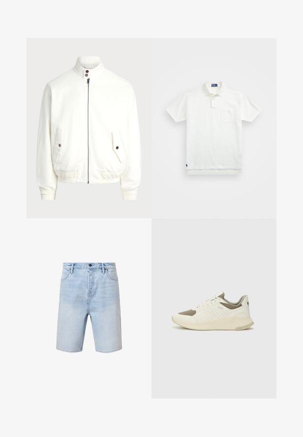 Biela bundová šnurovacia bunda s vysokým golierom, dvoma prednými vreckami so zapínaním na gombíky, rebrovanými manžetami a spodným okrajom a hladkým textúrou látky.; Biela polo tričko vyrobené z bavlny, s klasickým golierom, trojbuttonovou légou a vreckom na ľavej hrudi; malé logo na spodnom leme.; Svetlomodré riflové šortky s bežným strihom, dizajnom s piatimi vreckami a gombíkovým zapínaním. Majú jemné vyblednutie a prešité lemy.; Biele a svetlo béžové športové tenisky s hornou časťou z mriežkového materiálu, perforovanými detailmi a textúrovanou medzipodrážkou s logom na päte.