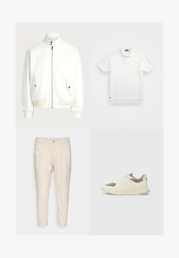 Hvid zip-up jakke med høj krave, to frontlommer med knaplukninger, ribbede manchetter og kant samt en glat stoftekstur.; Hvid polo-shirt lavet af bomuld, med en klassisk krave, tre-knaps knaplukning og en lomme på venstre bryst; lille logo ved kanten.; Beige linnedragter med en let tekstureret overflade, skræddersyet design, frontfald, og en enkelt knaplukning i taljen.; Hvide og lyse beige sportssko med en mesh-overdel, perforerede detaljer og en tekstureret mellemsål med branding på hælen.