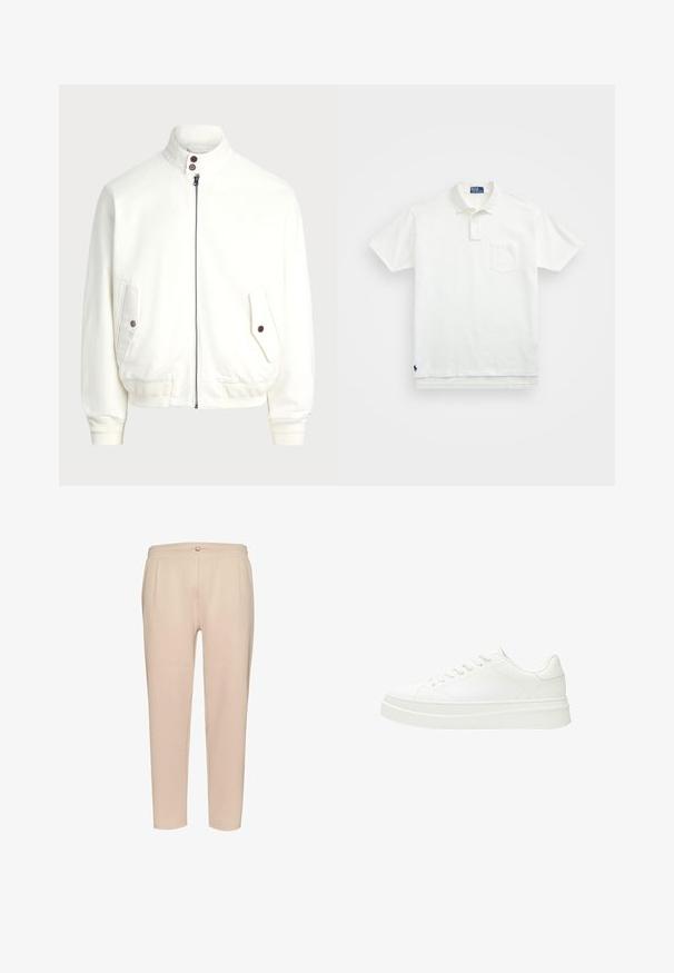 Witte zip-up jas met hoge kraag, twee voorzakken met knoopsluitingen, geribbelde manchetten en zoom, en een gladde stoftextuur.; Witte poloshirt van katoen, met een klassieke kraag, een knoopsluiting met drie knopen en een borstzak aan de linkerkant; klein logo aan de onderrand.; Beige ribbelbroek met een aansluitende taille, voorzien van voorplooien, een kleine knoopsluiting en taps toelopende benen. Zachte textuur.; Witte sneaker met een glad leren bovenwerk, platte veters en een dikke rubberen zool. Minimalistisch ontwerp met subtiele stiksel en naadloze accenten.